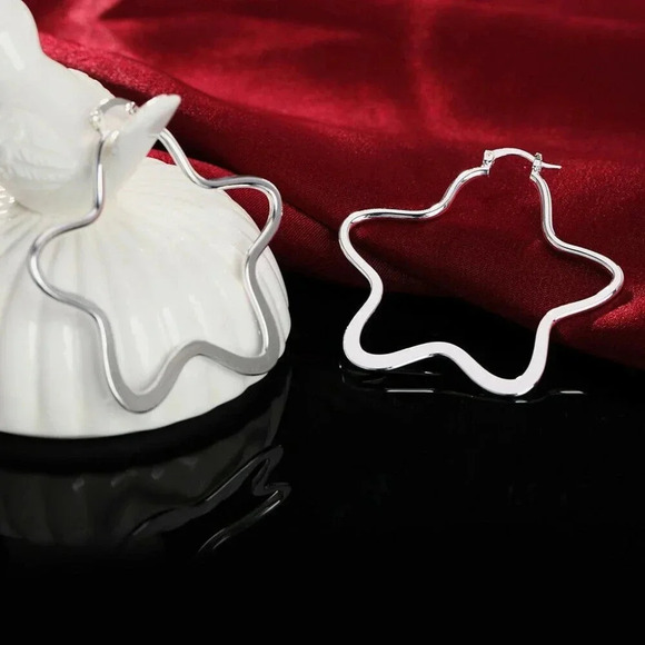 925 Sterling Silver Large Star Hoop Earrings - Picture 2 of 4